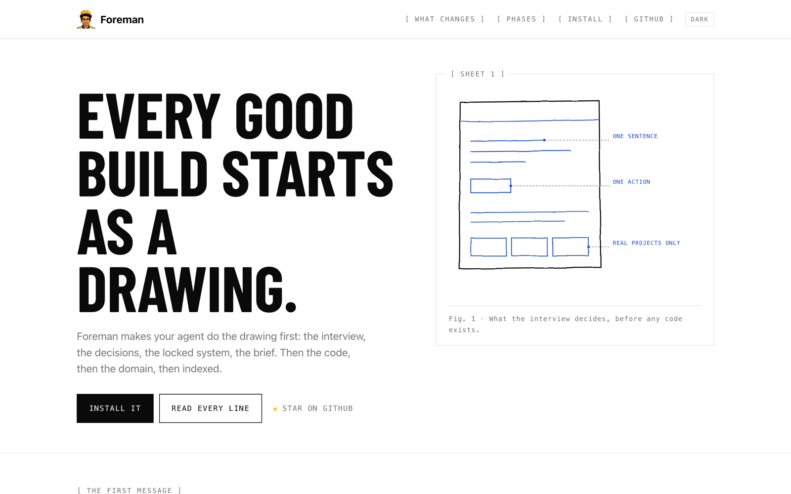 The Foreman site: a technical sheet on white paper, with a hand-drawn wireframe annotated with the decisions the interview forces.