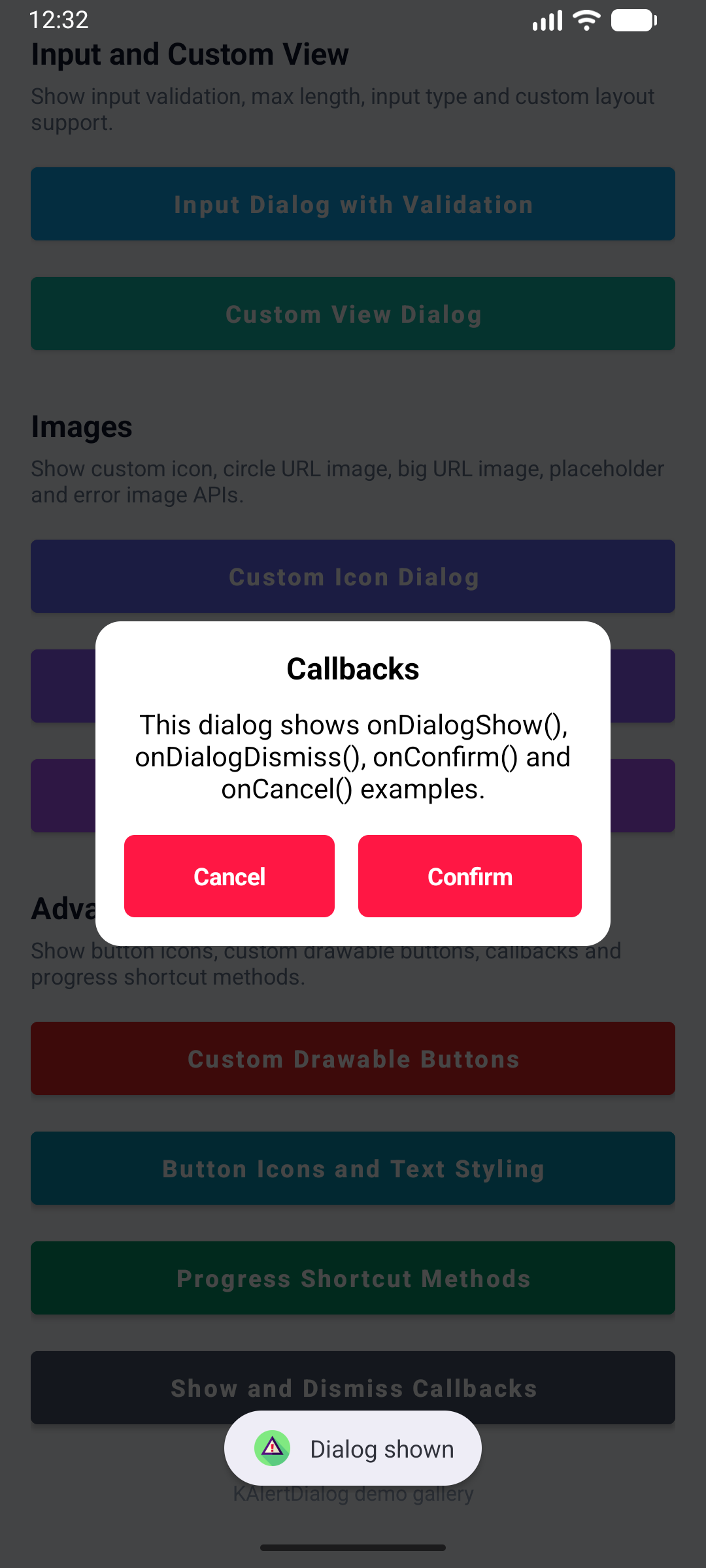 KAlert Dialog Show and Dismiss Callbacks