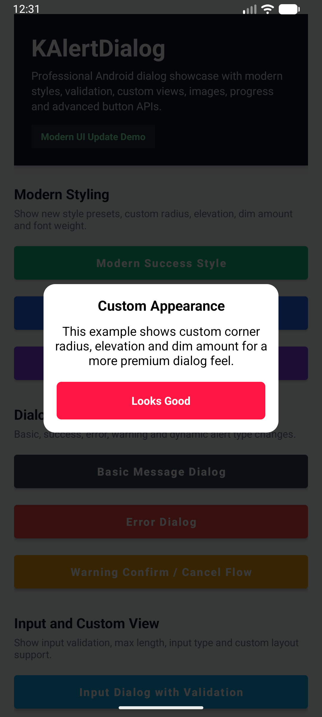KAlert Dialog Custom Radius, Elevation and Dim