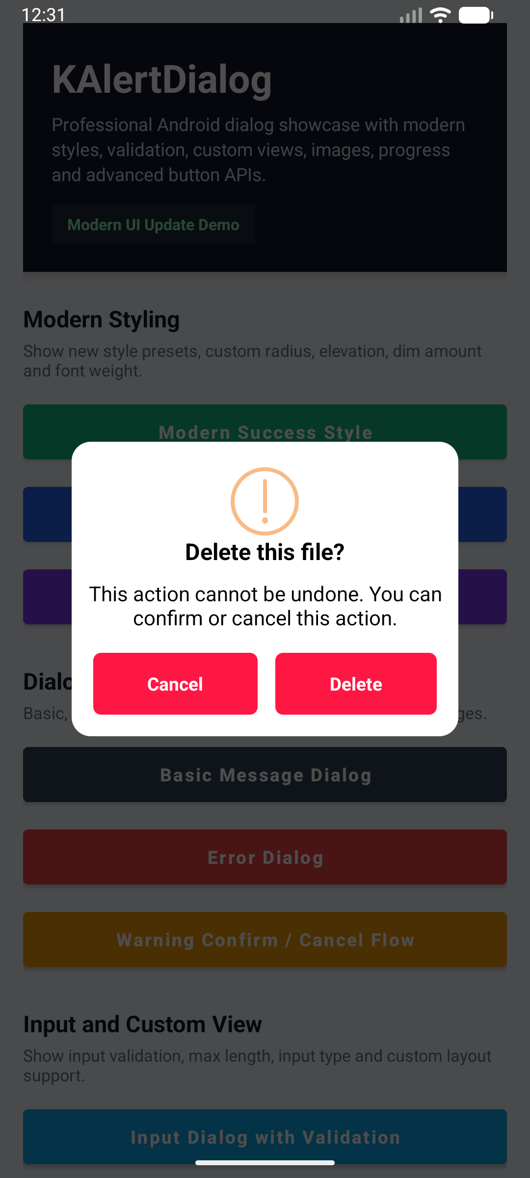 KAlert Dialog Warning Confirm / Cancel Flow