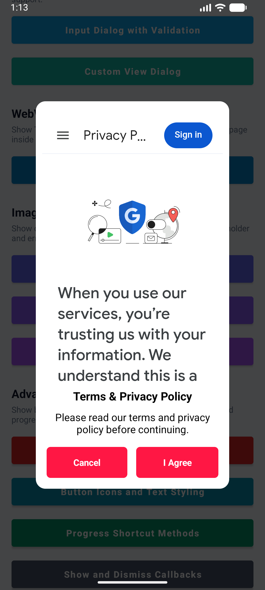 KAlert Dialog WebView Terms and Privacy Dialog