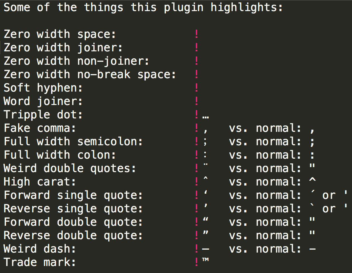 The plugin highlights bad characters in the editor