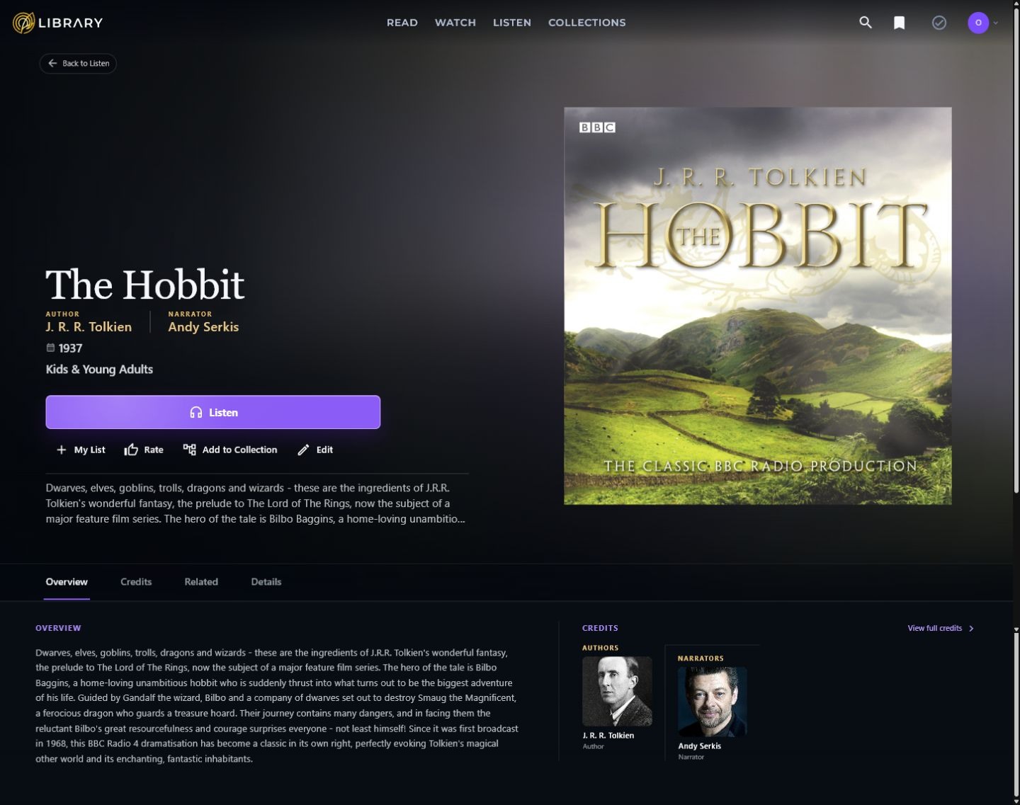 The full detail page for the audiobook The Hobbit