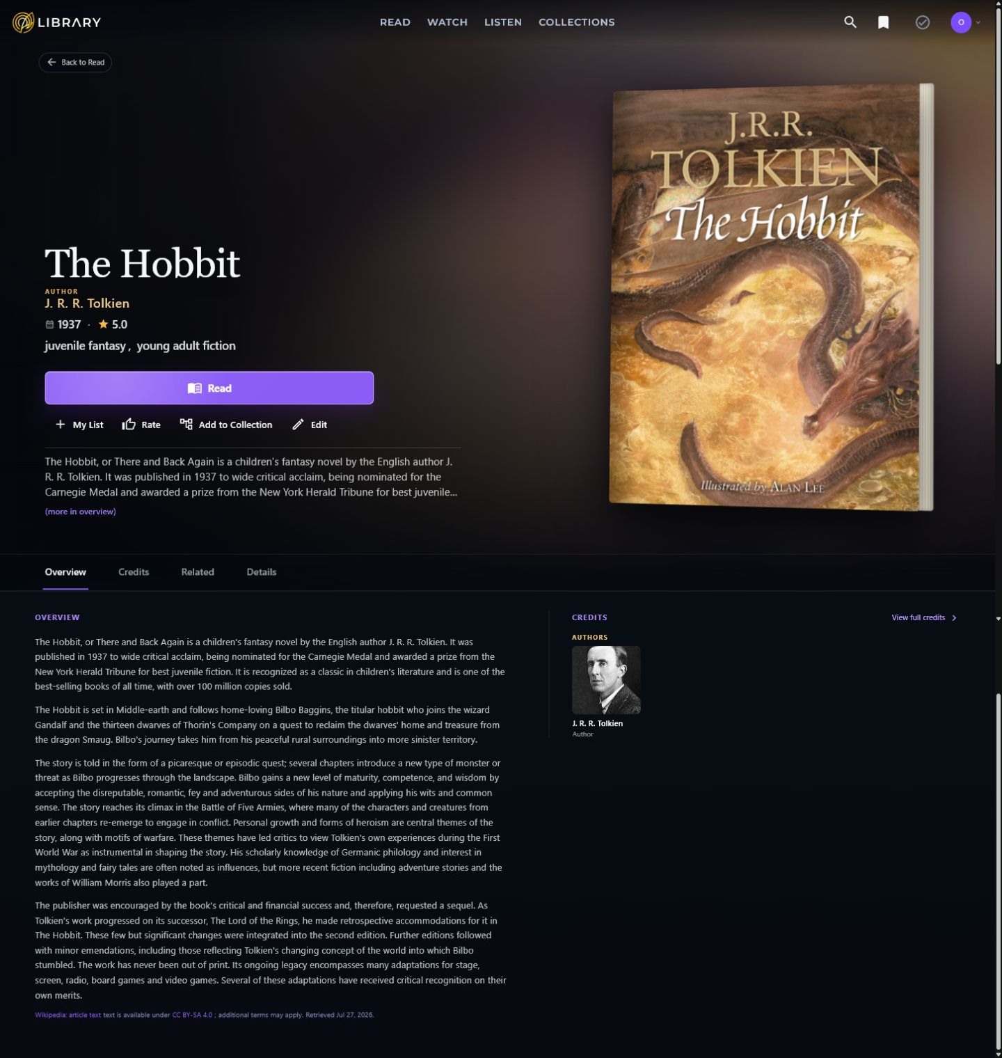 The full detail page for the book The Hobbit