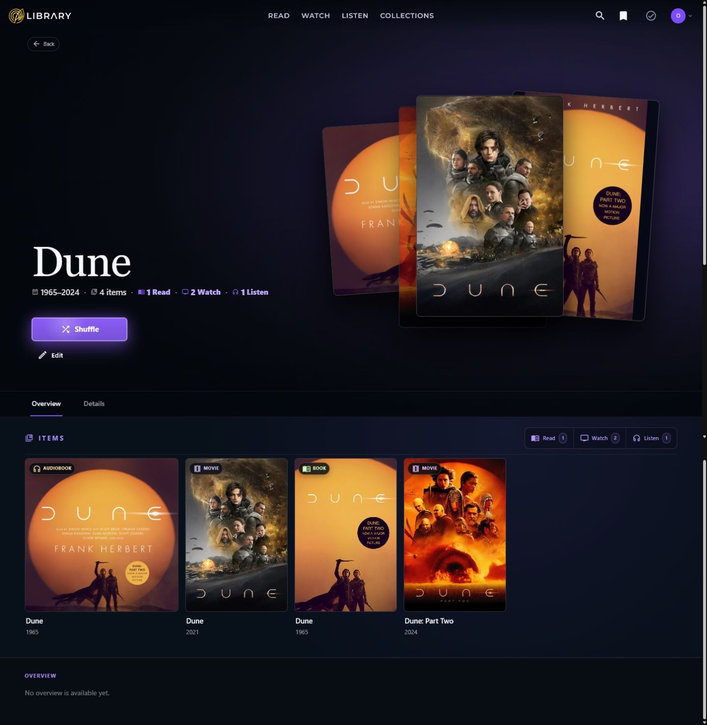 The full Dune Collection detail page connecting books, audiobooks, and movies