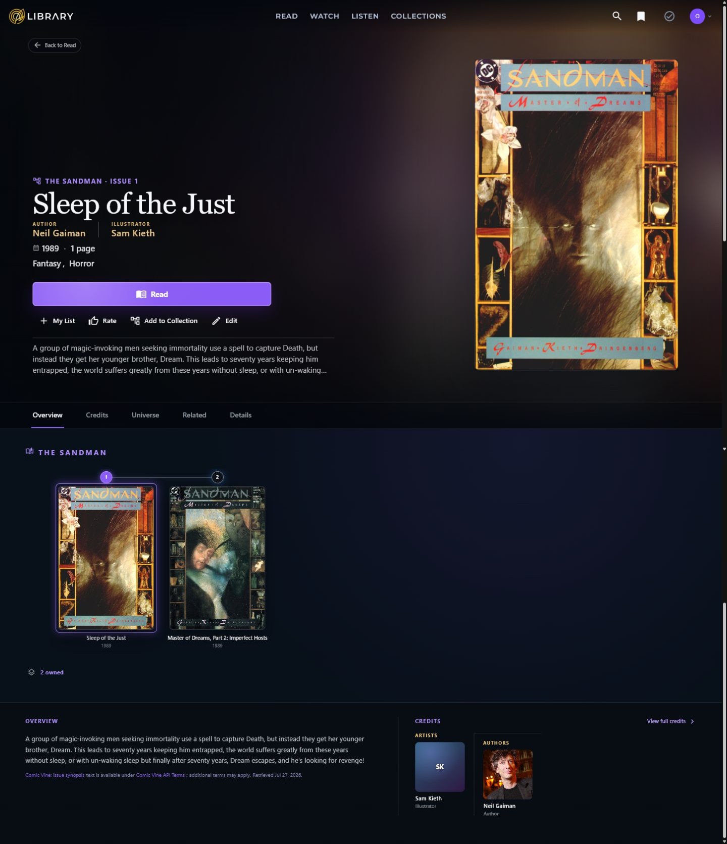 The full detail page for The Sandman comic issue Sleep of the Just