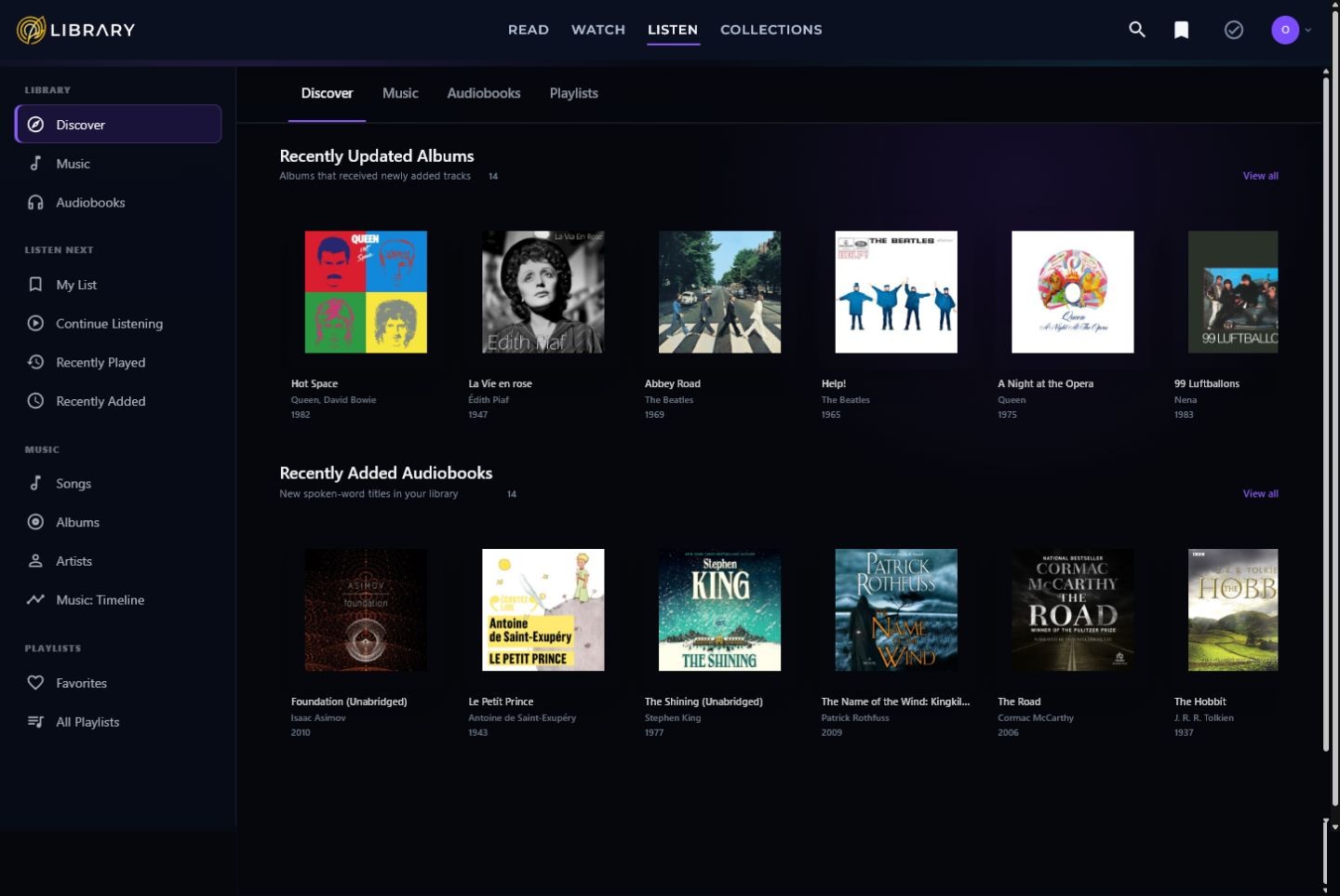The full Tuvima Library Listen discovery page with music albums and audiobooks