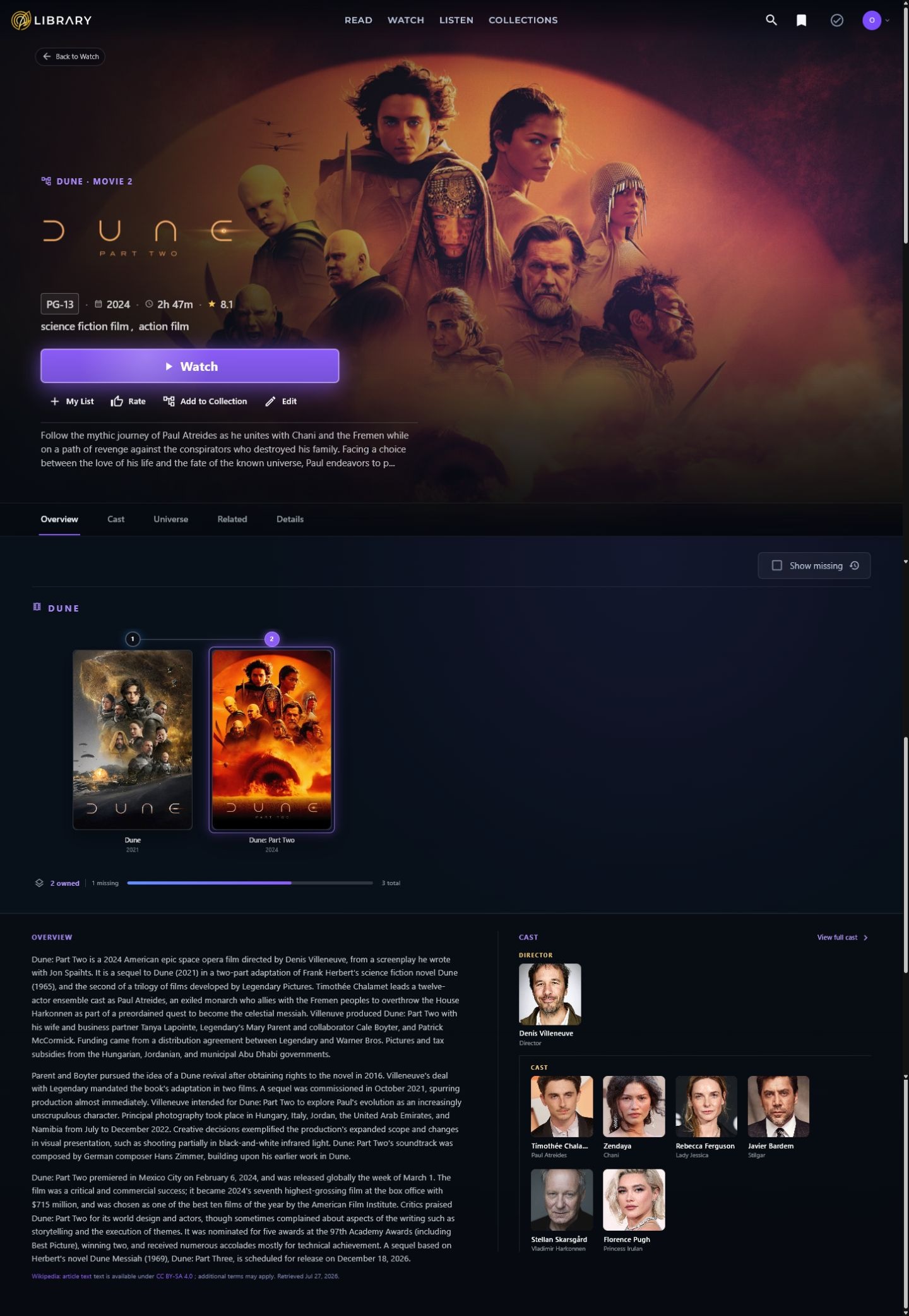 The full detail page for the movie Dune Part Two