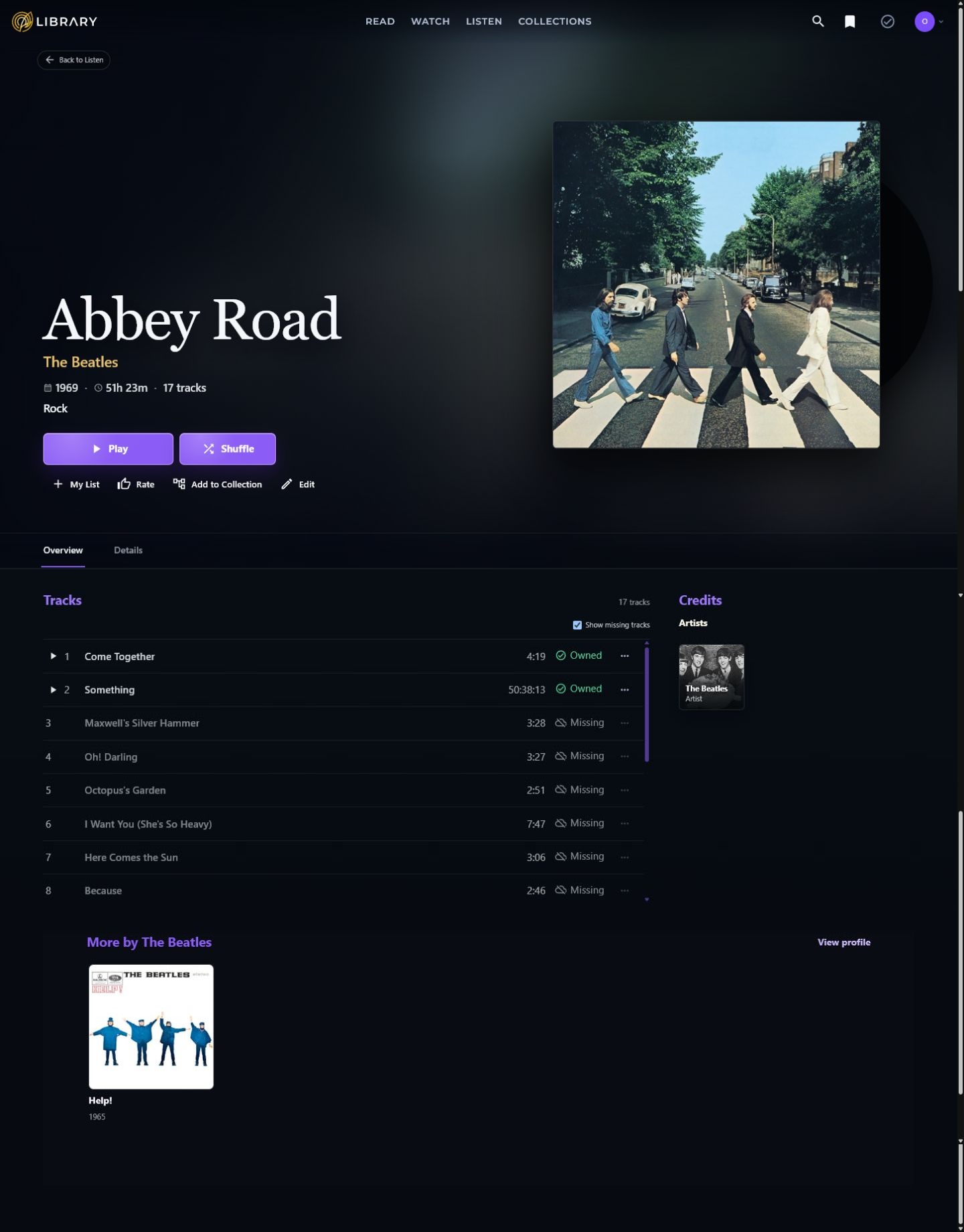 The full detail page for the music album Abbey Road