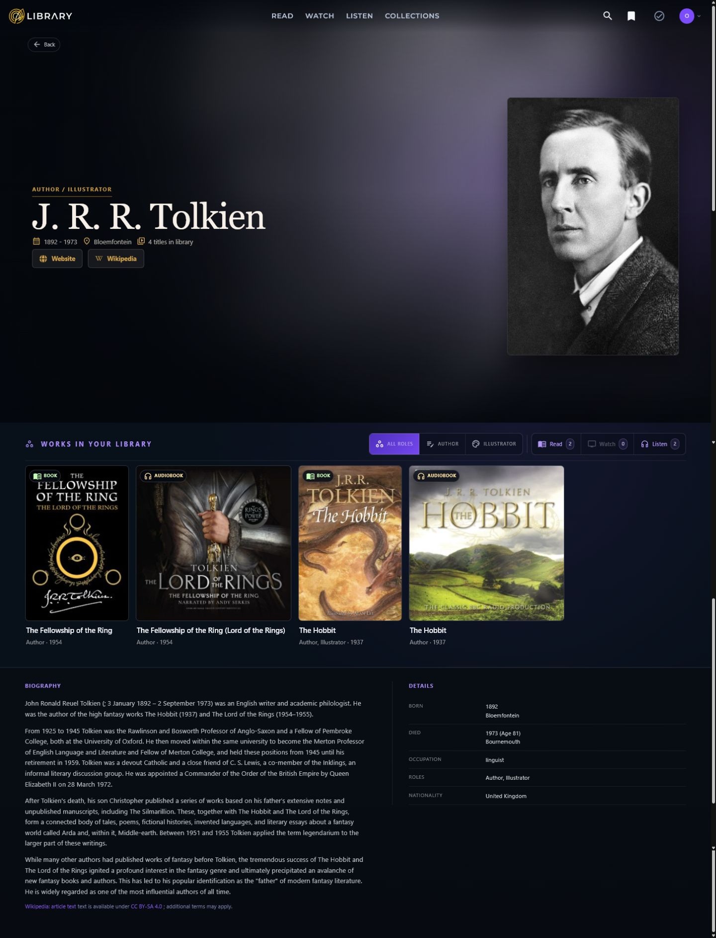 The full J. R. R. Tolkien person detail page with biography and owned works