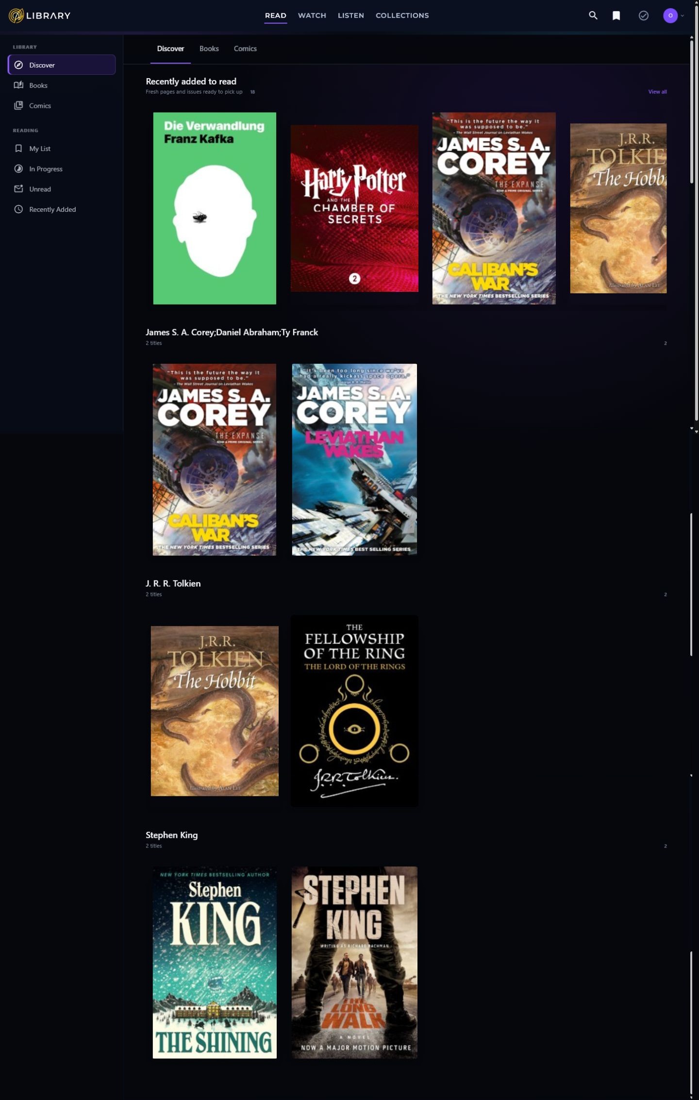 The full Tuvima Library Read discovery page with books, comics, authors, and series