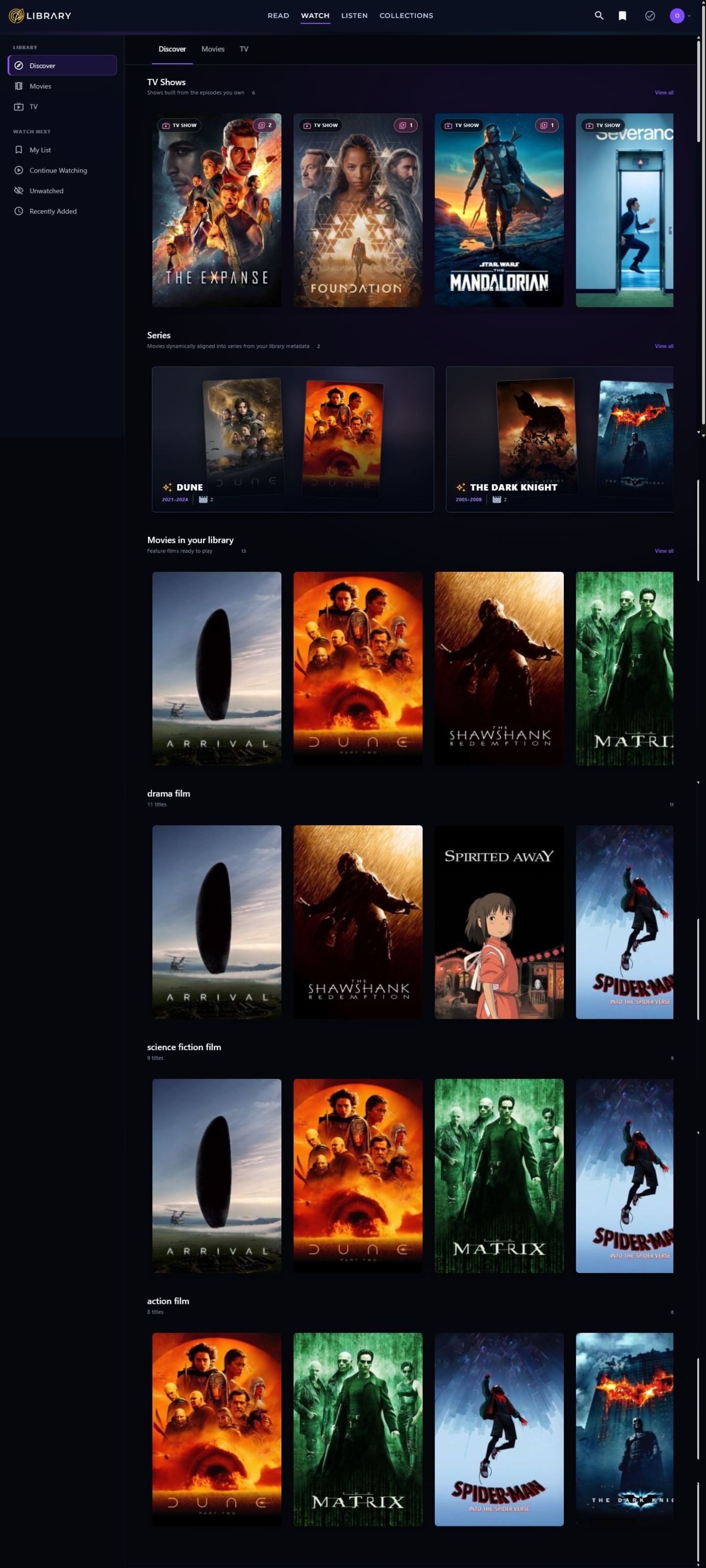 The full Tuvima Library Watch discovery page with TV shows, film series, and movies