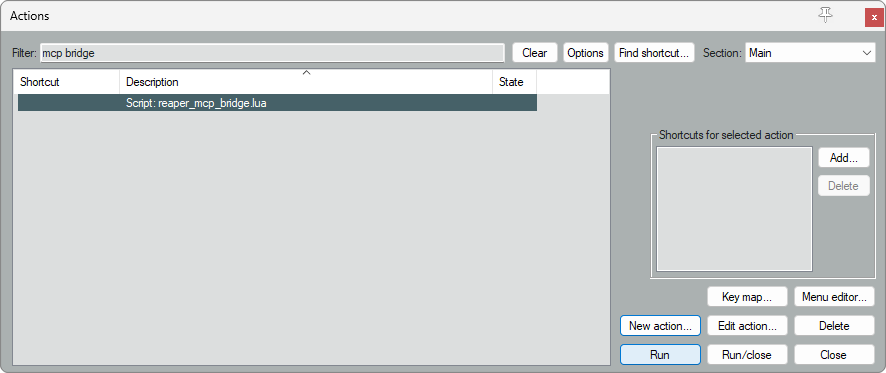 The action list filtered to the bridge script, ready to run
