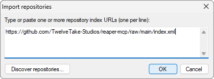 ReaPack's Import repositories dialog with the address pasted in