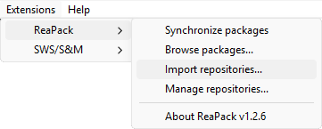 REAPER's Extensions menu with ReaPack's Import repositories highlighted