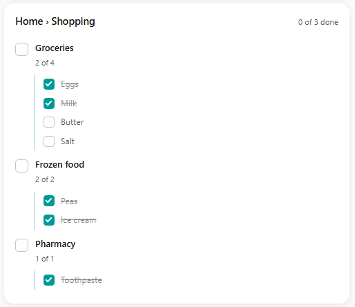 Project card: tasks with their subtasks and progress