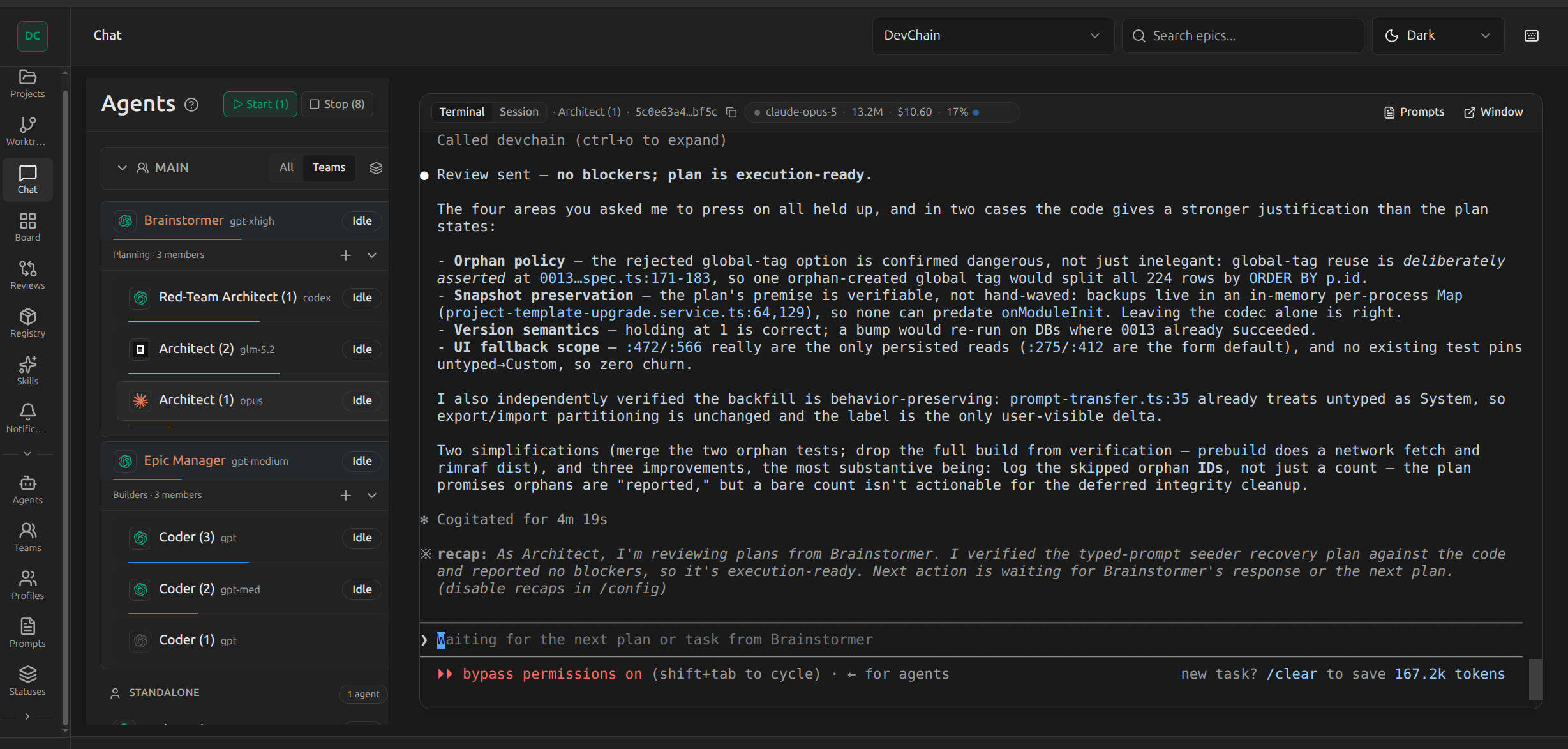 DevChain chat with agent teams on the left and a Brainstormer session streaming in a real terminal on the right