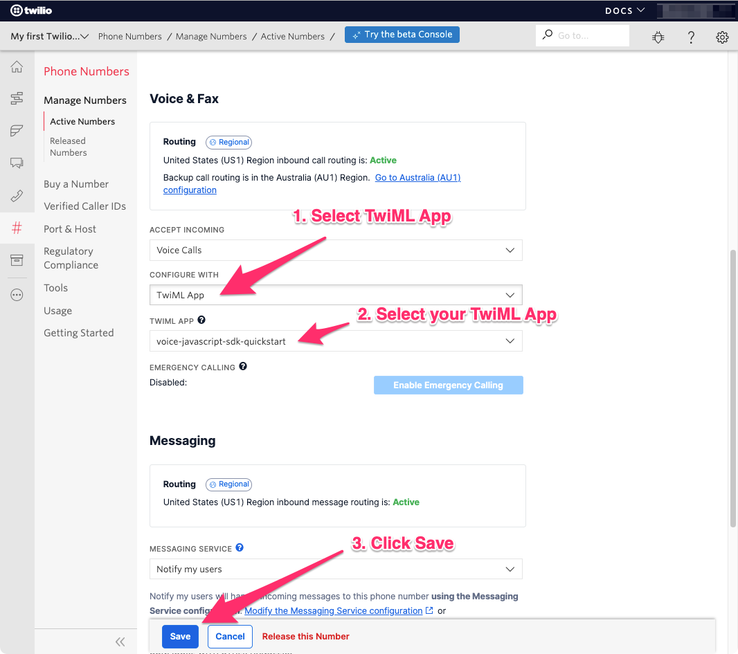 screenshot of configuring phone number for incoming calls
