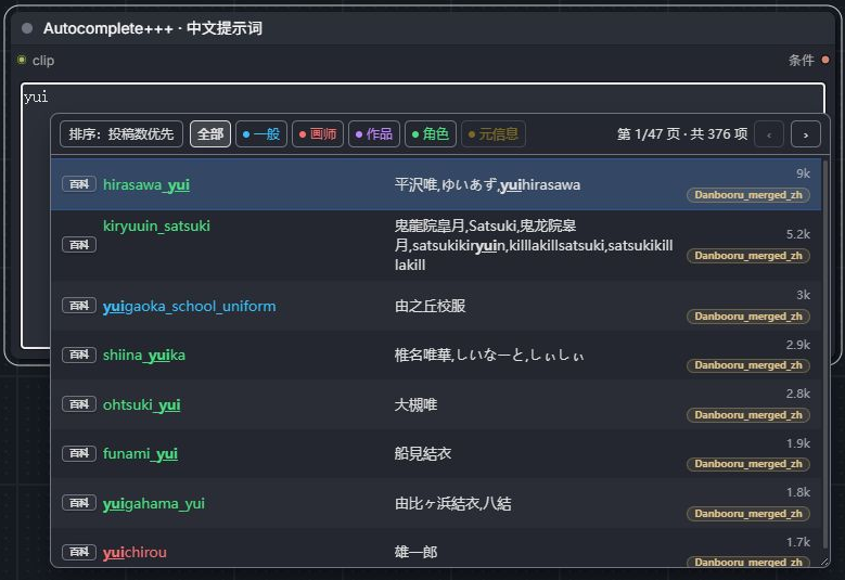 经典 LiteGraph 画布中的中文标签补全、投稿数与类别筛选