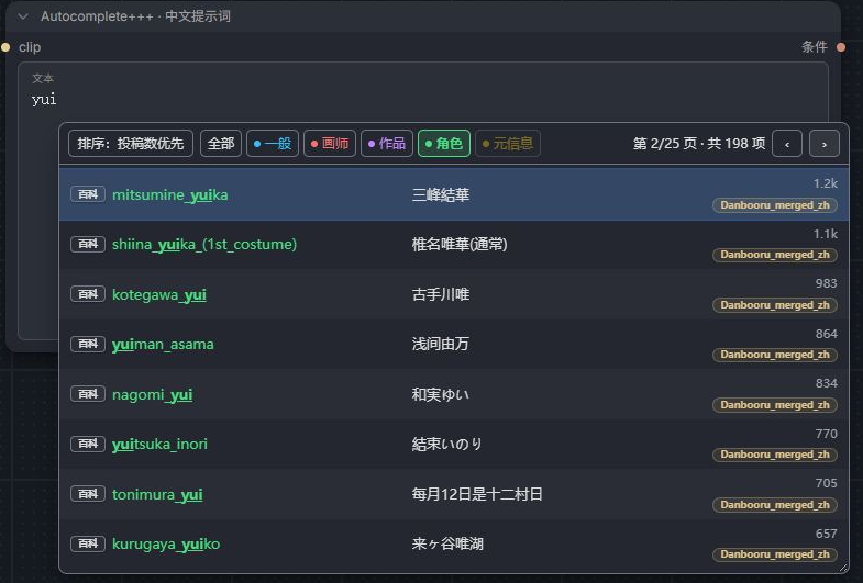 yui 角色结果的第 2 页,工具栏显示共 198 项和上一页、下一页按钮