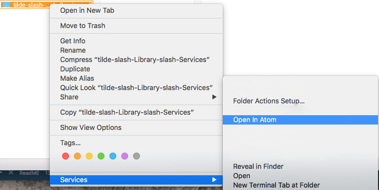 alt=example of using Open in Atom Service from Finder