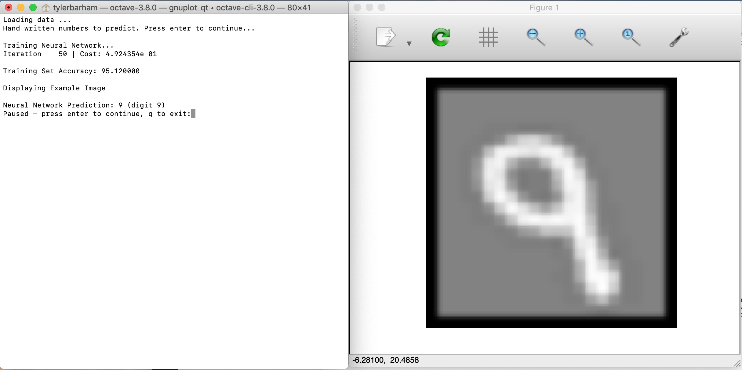 A screenshot of the neural network predicting a number