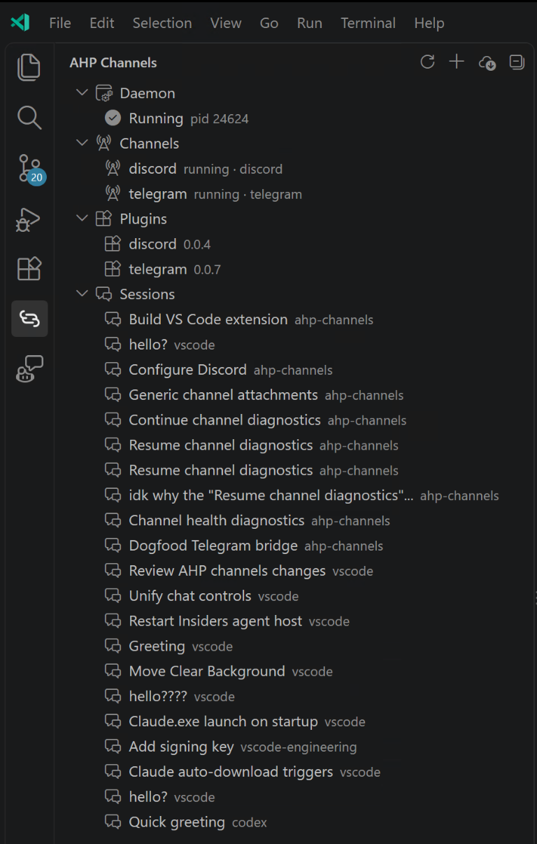 AHP Channels in VS Code, showing a running daemon, connected Discord and Telegram channels, installed plugins, and available agent sessions.