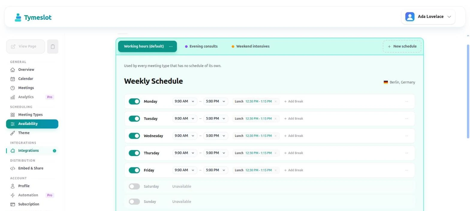 Availability editor — named schedules as tabs, with per-day hours and breaks