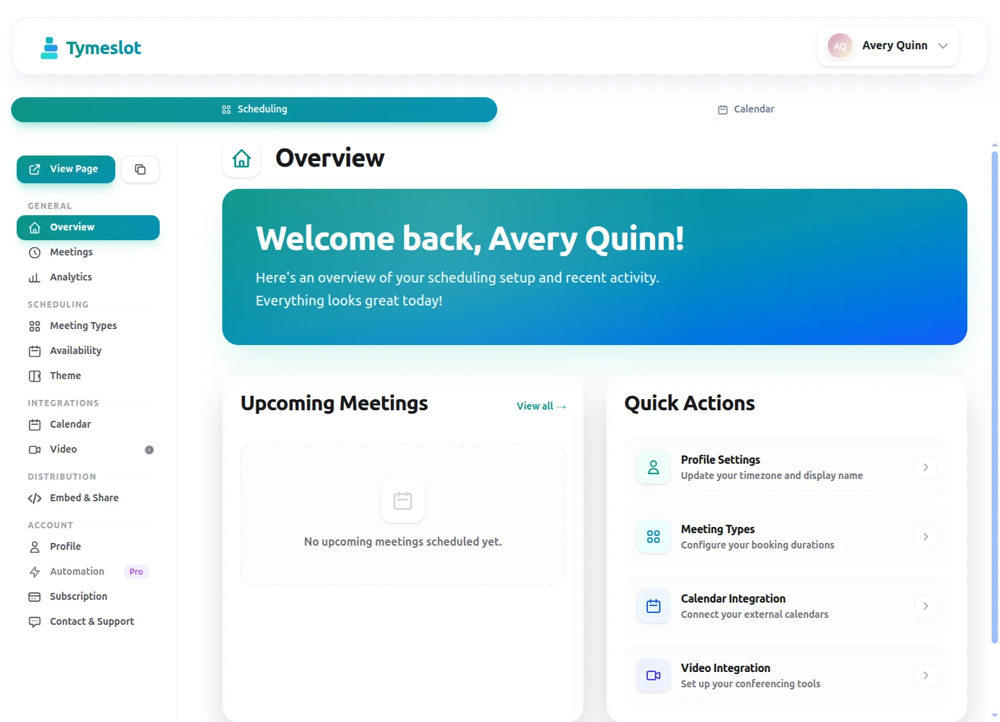 Tymeslot dashboard — overview with upcoming meetings and quick actions