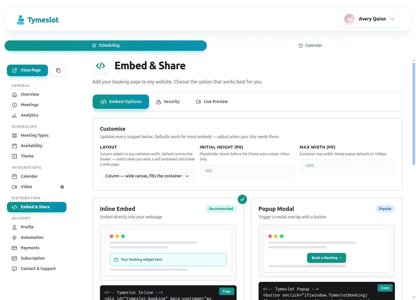 Embed & share — inline, popup and floating embed options with code snippets