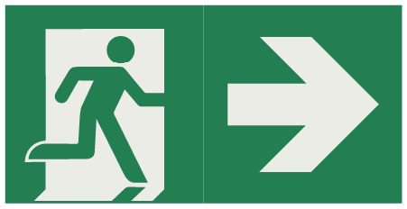 Combined pictogram of emergency exit and arrow pointing to the right.