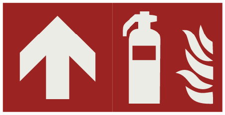 Combined pictogram of arrow pointing up and a fire extinguisher.