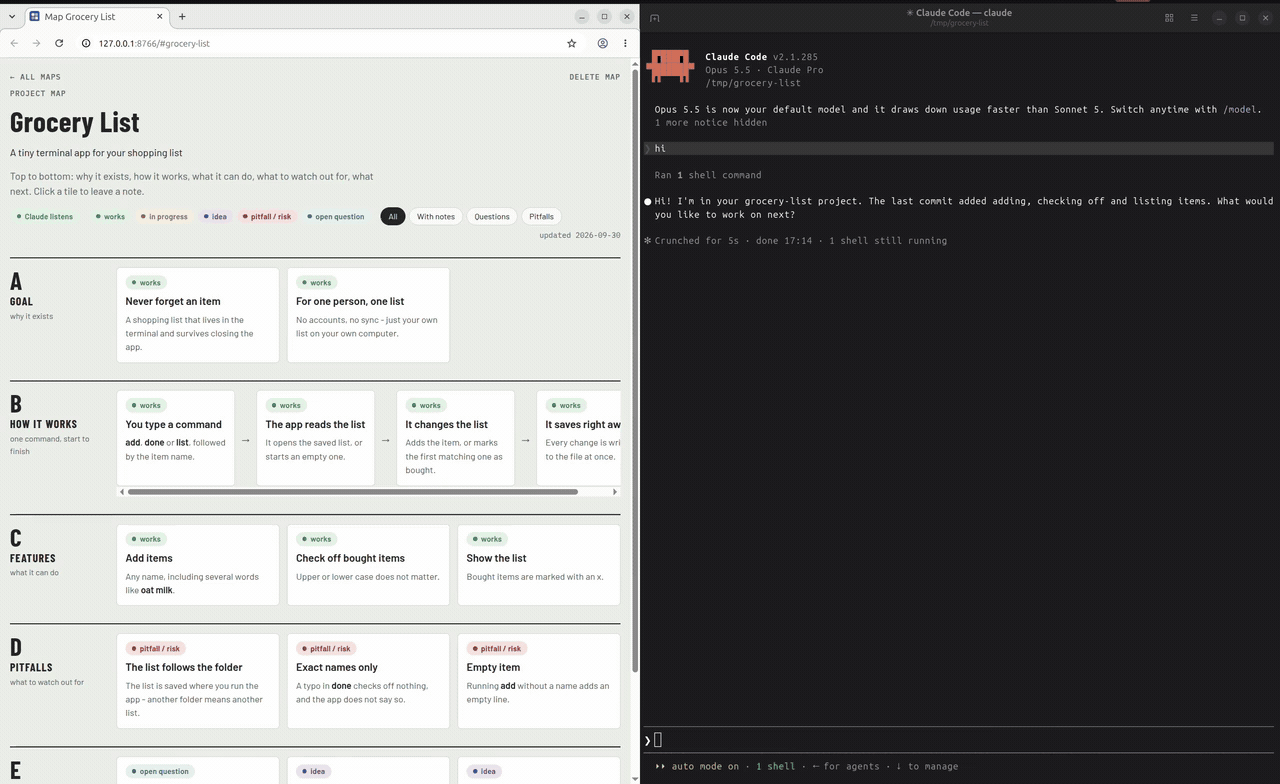 A note sent from the map wakes the Claude Code session, which replies and updates the map