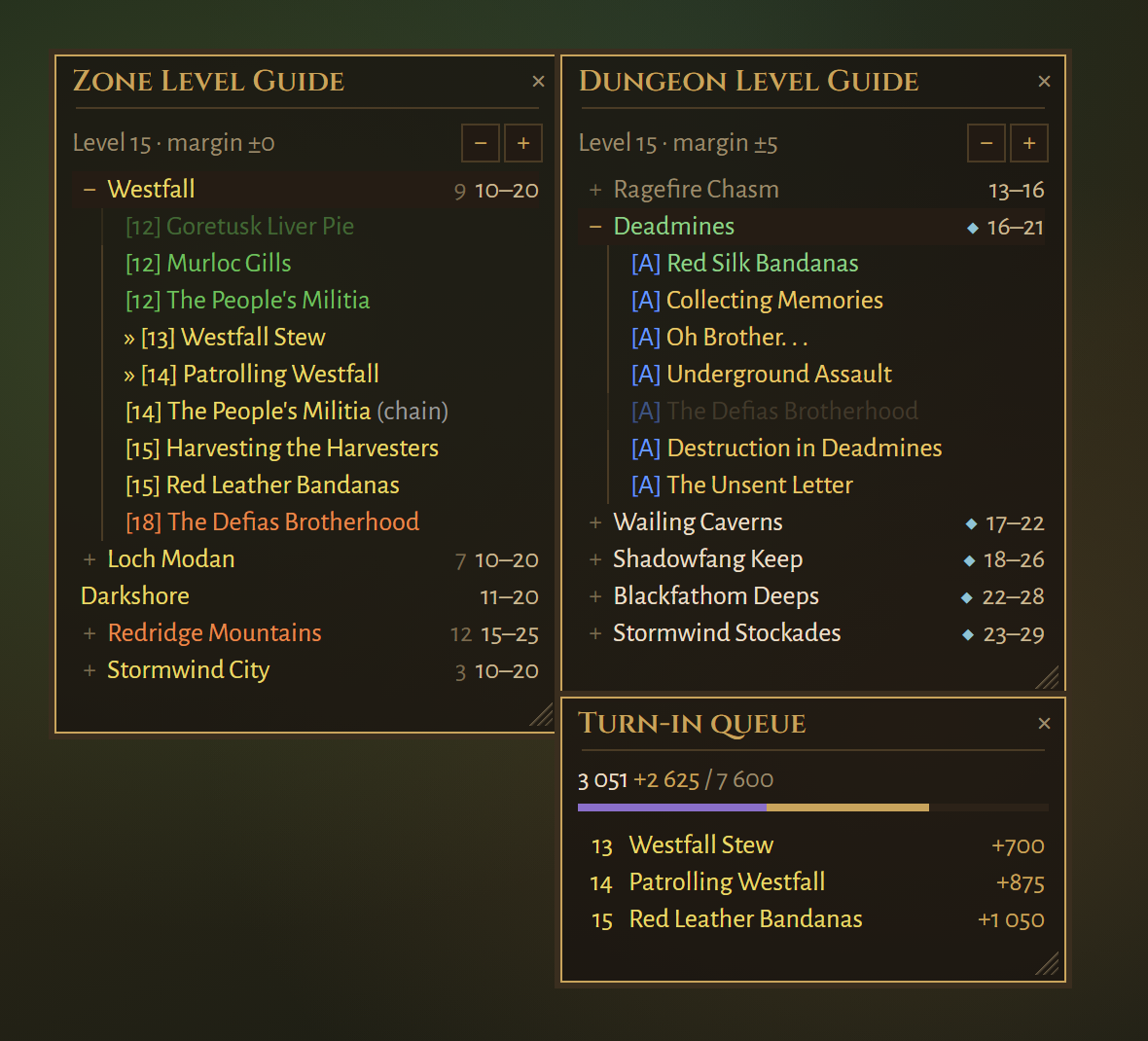 Zone Level Guide, Dungeon Level Guide and Pending Quest XP snapped together