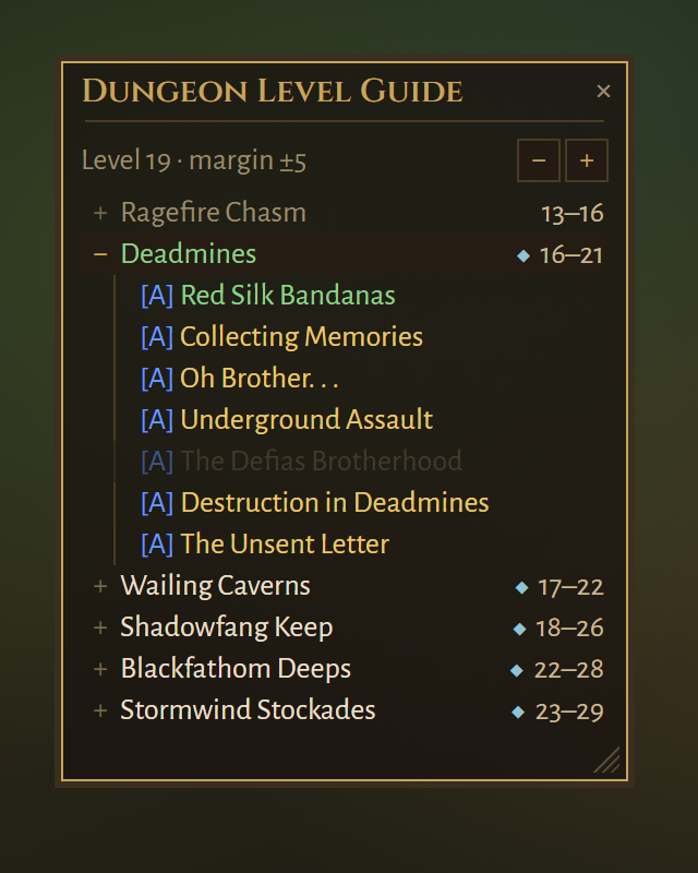 The dungeon list with a dungeon expanded