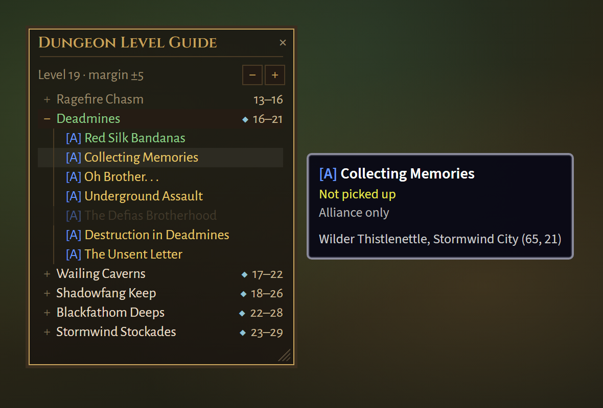 A quest tooltip with giver and location