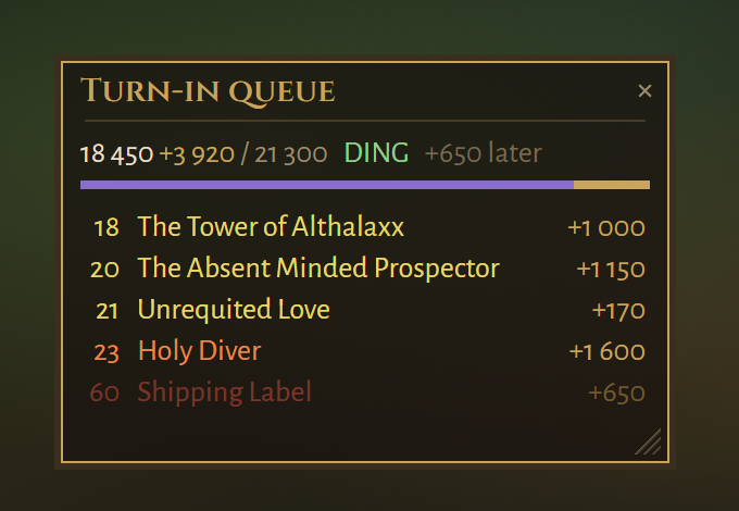 DING: the turn-ins are enough to level, one quest parked