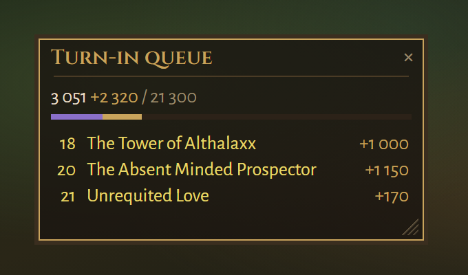 The turn-in queue, three quests waiting