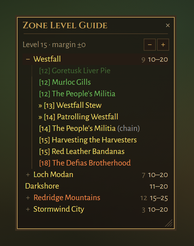 The zone list with Westfall expanded