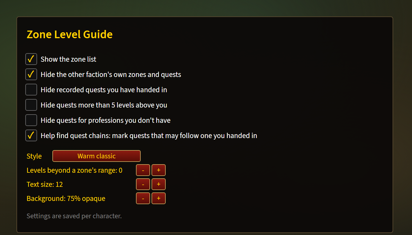 Settings under Options → AddOns