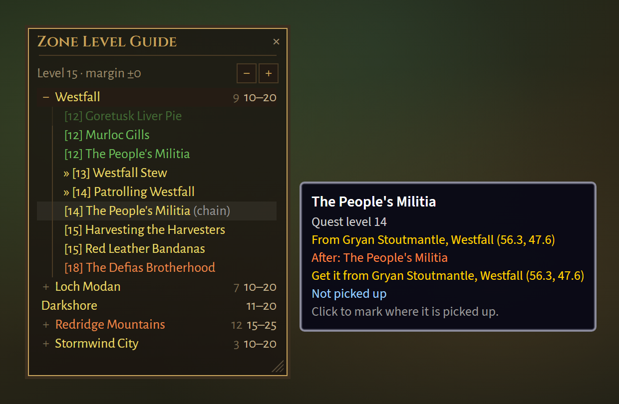 A quest tooltip: giver, location, chain start