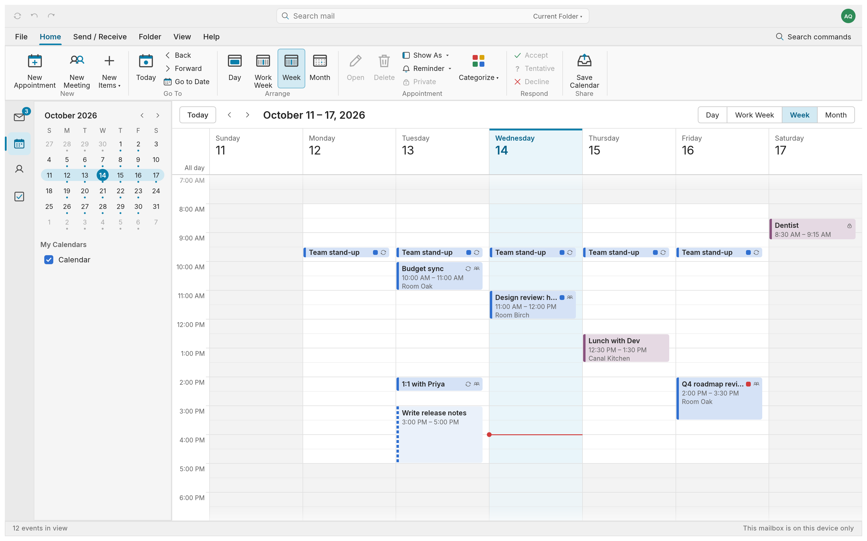 The calendar, week view