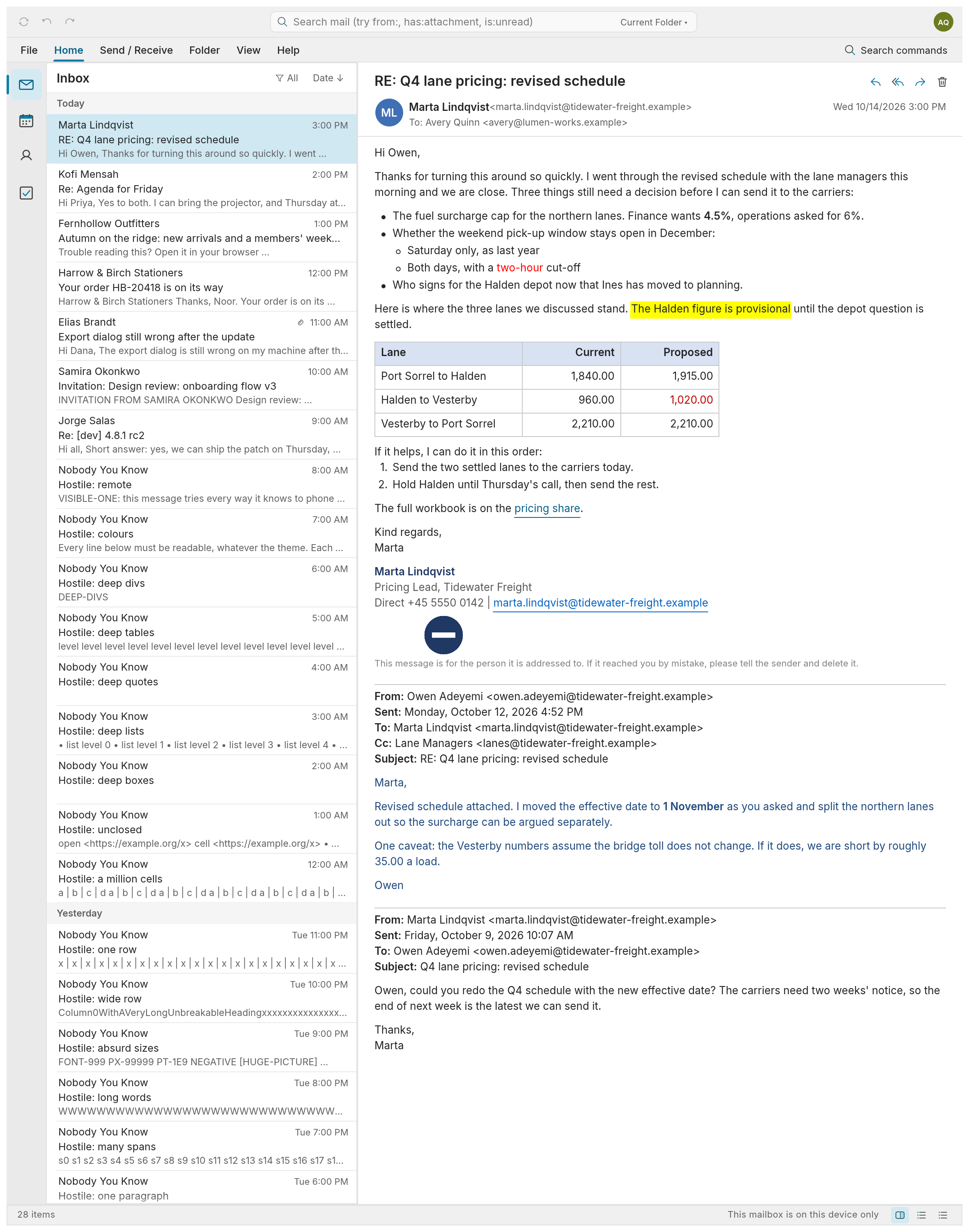 A message written in a word processor: lists, a table, a quoted thread