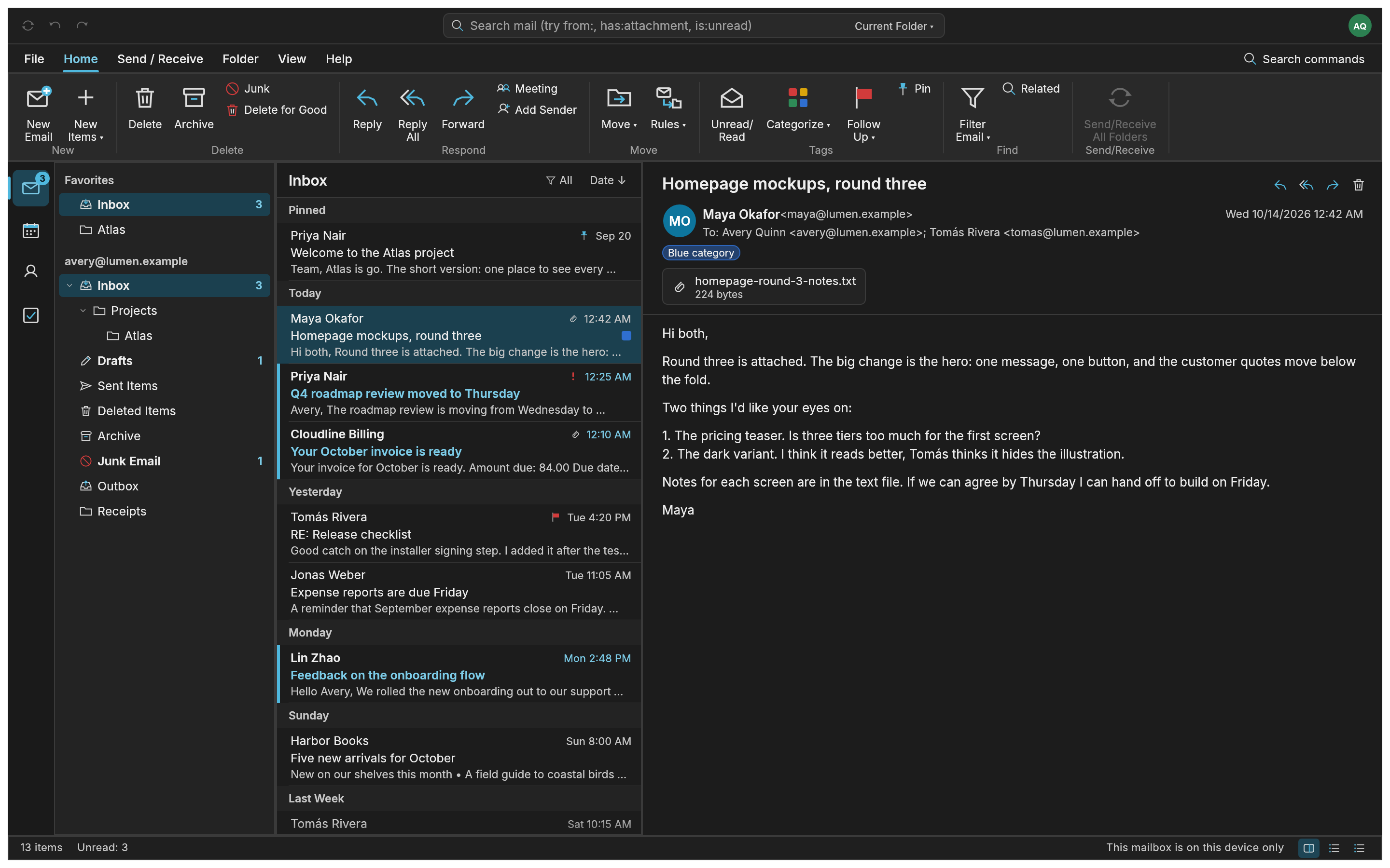 The Inbox with the reading pane, dark