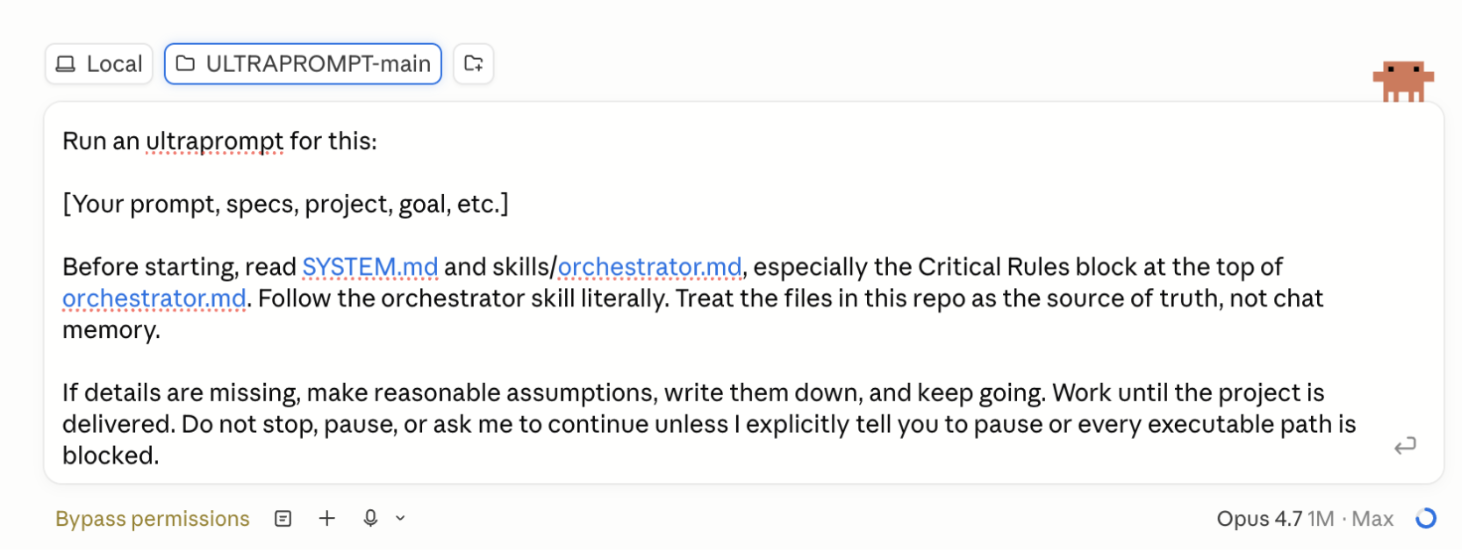 Claude Code with the ULTRAPROMPT starter prompt pasted