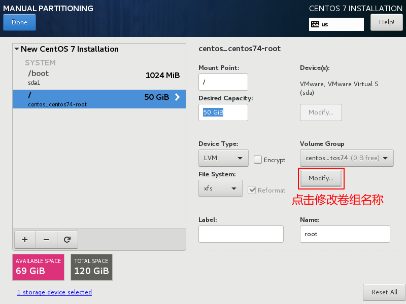 CentOS7-Installation-Step23-Click-Modify-Button-To-Configure-VolumeGroup-Name