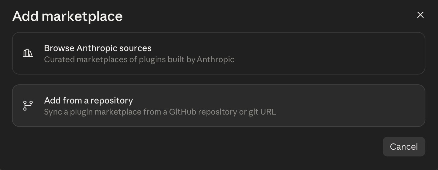 The Add marketplace dialog, with the option "Add from a repository"