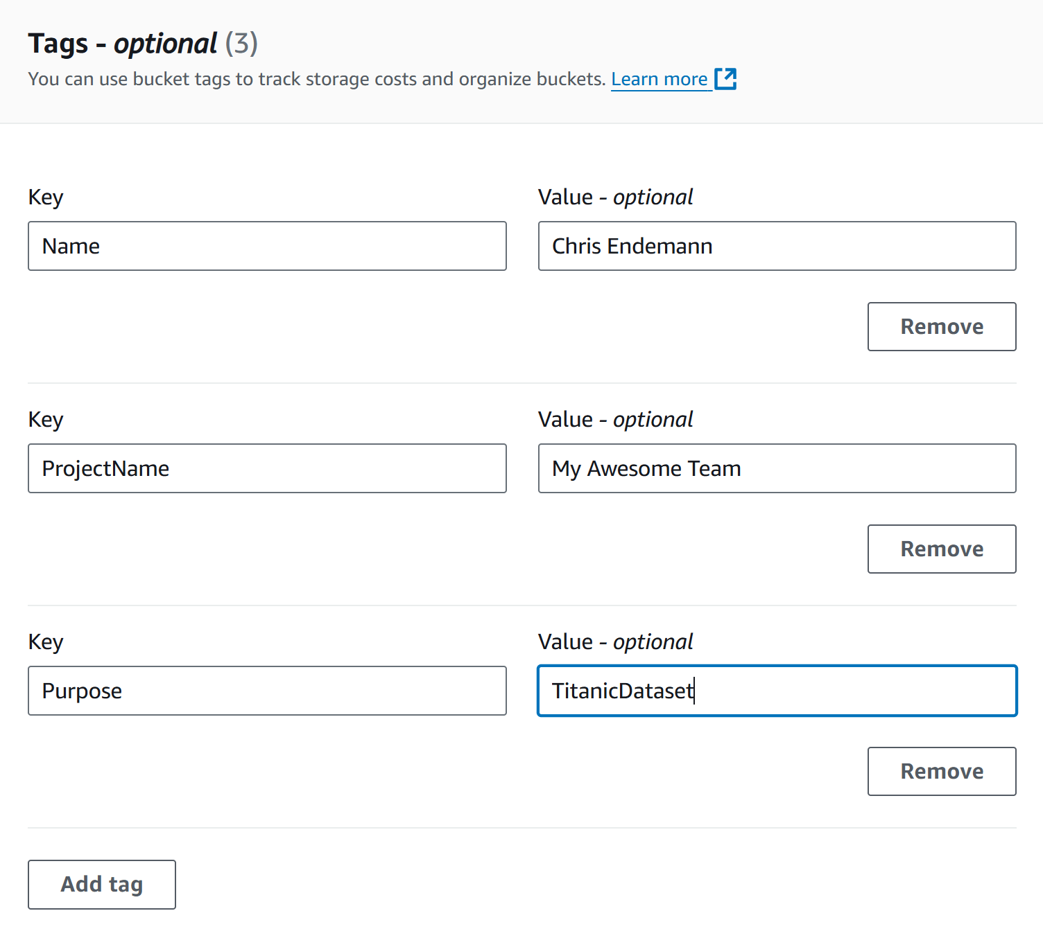 Screenshot showing required tags for an S3 bucket