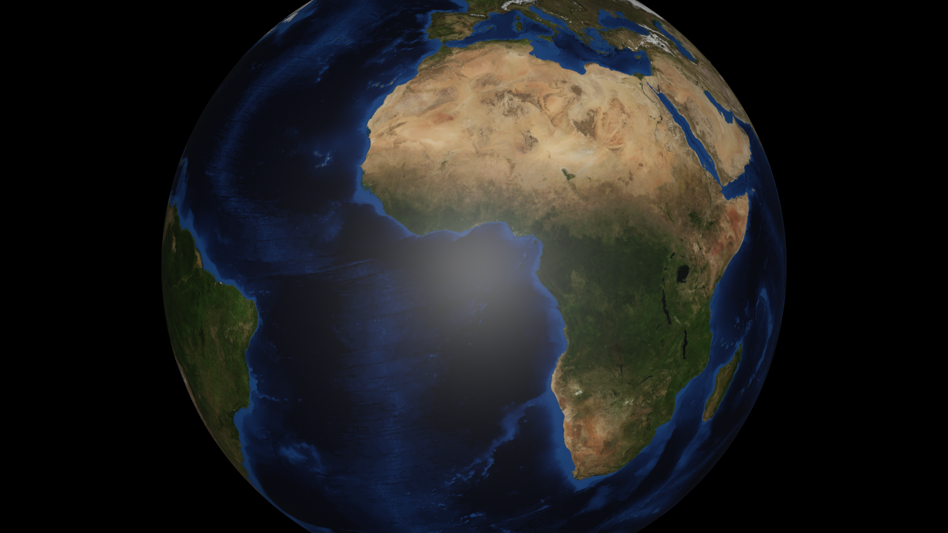 Example render: WGS84 Earth with clouds and correct sun terminator, no atmosphere glow