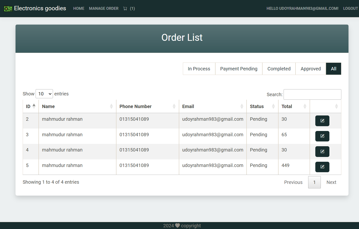 Manage Order Page